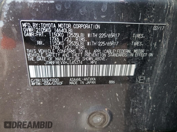 2017 Toyota RAV4 LE with VIN JTMBFREVXHJ145374, listed as a Copart auction lot 49806855 with 0 mi miles and Salvage Title. Bid and sale history available at carsss.com. Image 13.