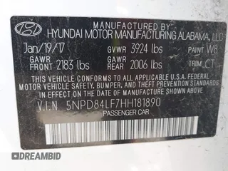 2017 Hyundai Elantra SE z VIN 5NPD84LF7HH181890, wystawiony jako IAAI lot #41823659 z przebiegiem 64 787 mil mil oraz . Historia ofert i sprzedaży dostępna na DreamBid. Obrazek 9.