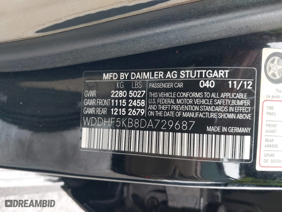 2013 Mercedes-Benz E-Class E 350 Luxury with VIN WDDHF5KB8DA729687, listed as a IAAI auction lot 41576021 with 133,062 mi miles. Bid and sale history available at carsss.com. Image 9.