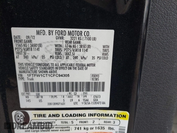 2012 Ford F-150 XL with VIN 1FTFW1CT1CFC94305, listed as a IAAI auction lot 41130095 with 187,704 mi miles. Bid and sale history available at carsss.com. Image 9.