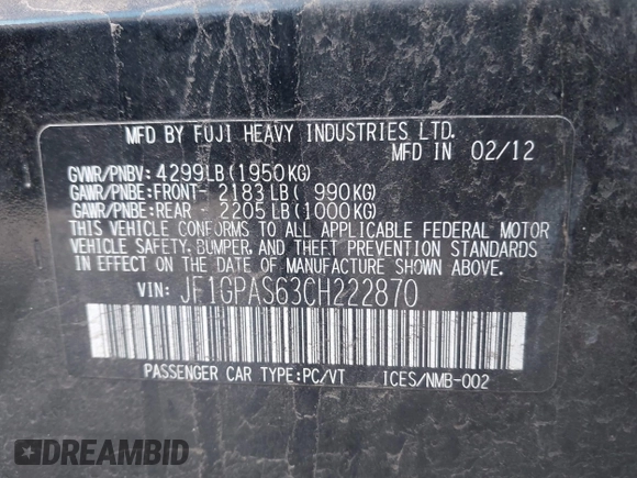 2012 Subaru Impreza Special Sports Limited with VIN JF1GPAS63CH222870, listed as a IAAI auction lot 41176099 with Not provided miles and . Bid and sale history available at DreamBid. Image 9.