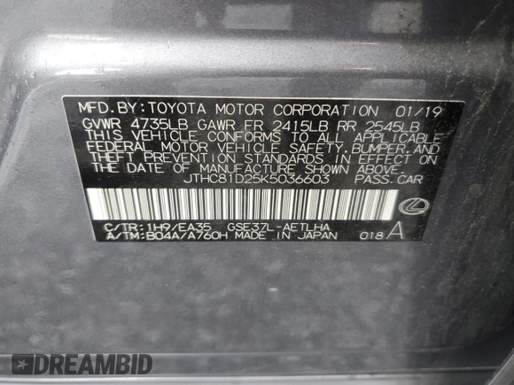 2019 Lexus IS 300 with VIN JTHC81D25K5036603, listed as a Copart auction lot 59990305 with 112,290 mi miles and Salvage title. Bid and sale history available at DreamBid. Image 12.