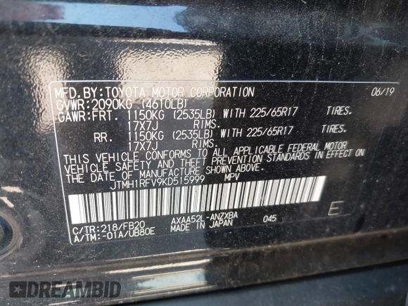 2019 Toyota RAV4 LE with VIN JTMH1RFV9KD515999, listed as a IAAI auction lot 42635692 with 87,345 mi miles and . Bid and sale history available at DreamBid. Image 9.