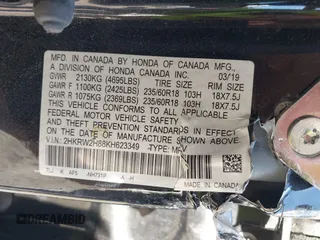 2019 Honda CR-V EX-L with VIN 2HKRW2H88KH623349, listed as a IAAI auction lot 39337313 with Not Provided miles and . Bid and sale history available at carsss.com. Image 9.