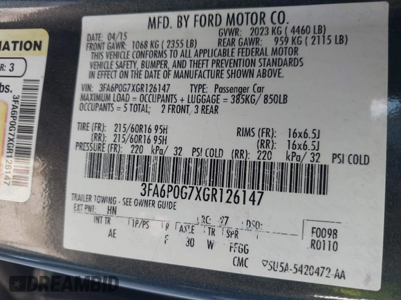 2016 Ford Fusion S z VIN 3FA6P0G7XGR126147, wystawiony jako IAAI lot #42577542 z przebiegiem 204 244 mil mil oraz . Historia ofert i sprzedaży dostępna na DreamBid. Obrazek 9.