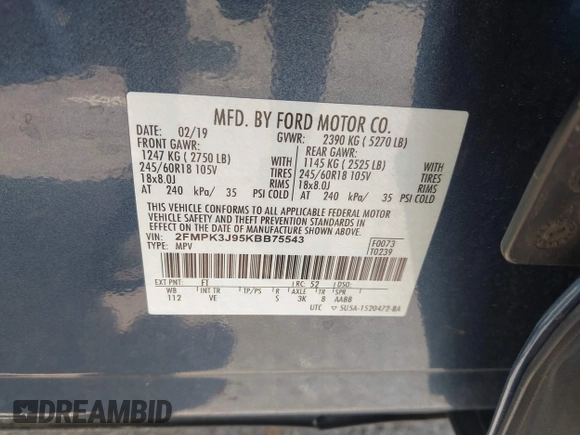 2019 Ford Edge SEL with VIN 2FMPK3J95KBB75543, listed as a IAAI auction lot 42405692 with 86,089 mi miles and . Bid and sale history available at DreamBid. Image 9.