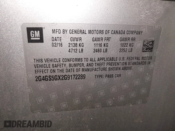 2016 Buick Regal Premium II with VIN 2G4GS5GX2G9172289, listed as a IAAI auction lot 42034464 with 153,763 mi miles. Bid and sale history available at carsss.com. Image 9.