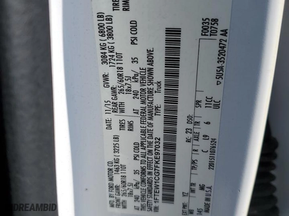 2015 Ford F-150 XL with VIN 1FTEW1CG7FKE97032, listed as a Copart auction lot 86294044 with 277,362 mi miles and Salvage Title. Bid and sale history available at carsss.com. Image 12.