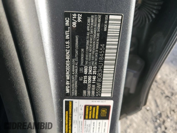 2017 Mercedes-Benz C 63 AMG with VIN 55SWF8GB3HU184554, listed as a Copart auction lot 77395064 with 106,723 mi miles and Salvage title. Bid and sale history available at DreamBid. Image 12.