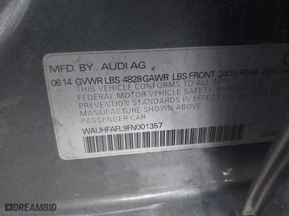 2015 Audi A4 Premium Plus with VIN WAUHFAFL9FN001357, listed as a IAAI auction lot 41921437 with 143,837 mi miles. Bid and sale history available at carsss.com. Image 9.