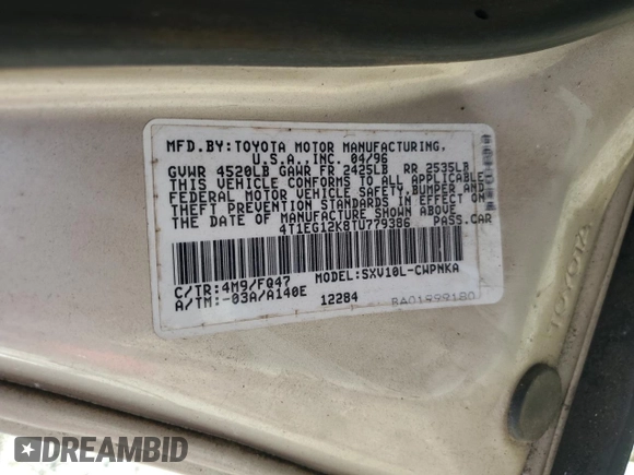 1996 Toyota Camry z VIN 4T1EG12K8TU779386, wystawiony jako Copart lot #79189014 z przebiegiem 142 891 mil mil oraz Czysty tytuł • Clean title. Historia ofert i sprzedaży dostępna na DreamBid. Obrazek 12.