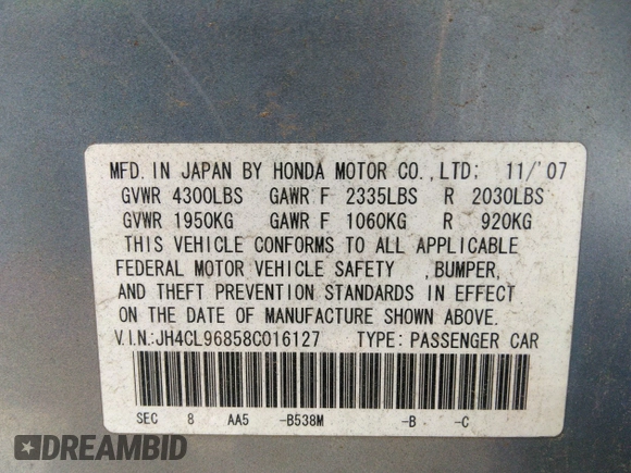 2008 Acura TSX with VIN JH4CL96858C016127, listed as a IAAI auction lot 40953648 with 168,637 mi miles and . Bid and sale history available at DreamBid. Image 9.