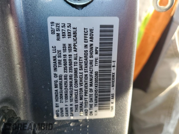 2019 Honda CR-V EX with VIN 7FARW2H51KE005380, listed as a Copart auction lot 52133465 with 68,575 mi miles and Salvage Title. Bid and sale history available at DreamBid. Image 14.