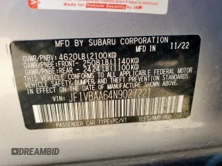 2022 Subaru WRX with VIN JF1VBAA64N9027221, listed as a Copart auction lot 56985005 with 22,787 mi miles and Salvage title. Bid and sale history available at DreamBid. Image 13.