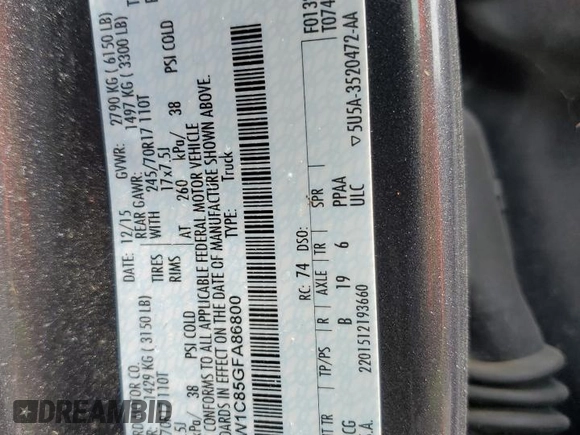 2016 Ford F-150 XLT with VIN 1FTEW1C85GFA86800, listed as a Copart auction lot 59632825 with 200,307 mi miles and Salvage title. Bid and sale history available at DreamBid. Image 12.