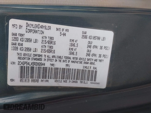 2005 Chrysler Town & Country Touring with VIN 2C4GP54LX5R202644, listed as a IAAI auction lot 41864996 with 161,645 mi miles. Bid and sale history available at carsss.com. Image 9.