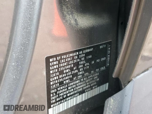 2011 Volkswagen Tiguan SEL with VIN WVGBV7AX1BW552486, listed as a Copart auction lot 58089605 with Not provided miles and Salvage title. Bid and sale history available at DreamBid. Image 13.