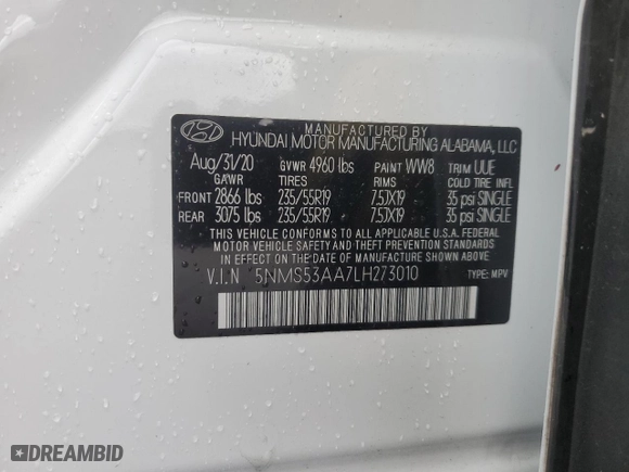 2020 Hyundai Santa Fe Limited with VIN 5NMS53AA7LH273010, listed as a Copart auction lot 49320265 with 42,333 mi miles and Non Repairable. Bid and sale history available at carsss.com. Image 13.