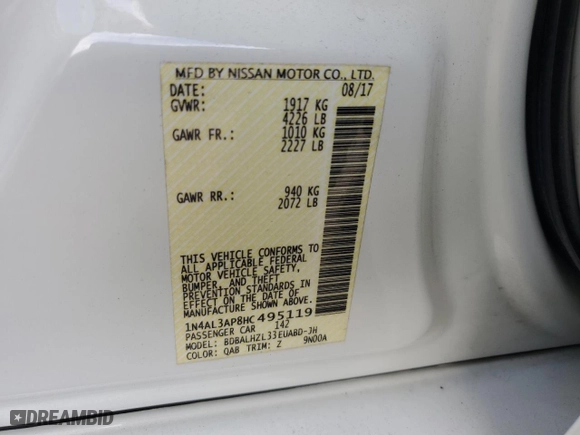 2017 Nissan Altima 2.5 SR with VIN 1N4AL3AP8HC495119, listed as a Copart auction lot 54336455 with 117,121 mi miles and Clean Title. Bid and sale history available at carsss.com. Image 12.