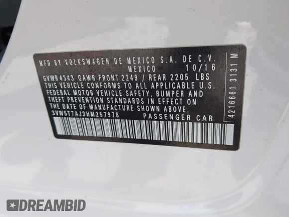 2017 Volkswagen Jetta GLI z VIN 3VW5T7AJ3HM257978, wystawiony jako IAAI lot #41855055 z przebiegiem 177 344 mil mil oraz . Historia ofert i sprzedaży dostępna na DreamBid. Obrazek 9.