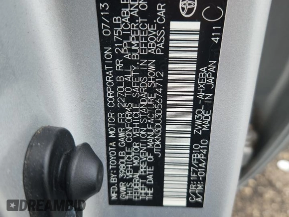 2013 Toyota Prius One with VIN JTDKN3DU3D5674712, listed as a Copart auction lot 64552385 with 221,605 mi miles and Non repairable. Bid and sale history available at DreamBid. Image 12.