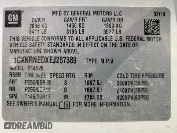 2014 GMC Acadia SLE with VIN 1GKKRNEDXEJ287389, listed as a Copart auction lot 64333645 with 163,572 mi miles and Salvage title. Bid and sale history available at DreamBid. Image 13.