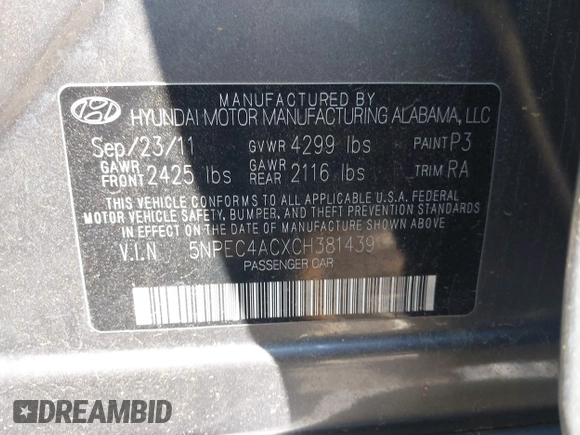 2012 Hyundai Sonata 2.4L Limited PZEV with VIN 5NPEC4ACXCH381439, listed as a IAAI auction lot 41996526 with 215,920 mi miles. Bid and sale history available at carsss.com. Image 9.