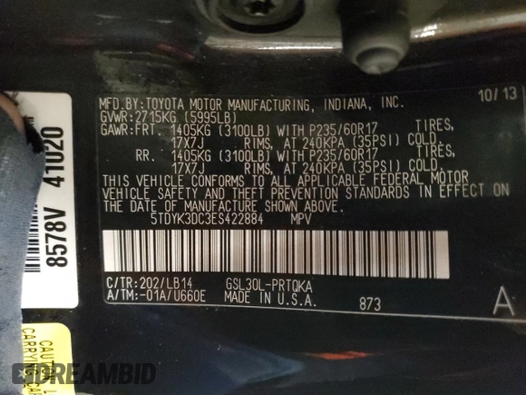 2014 Toyota Sienna XLE with VIN 5TDYK3DC3ES422884, listed as a Copart auction lot 44645715 with 126,679 mi miles and Salvage Title. Bid and sale history available at carsss.com. Image 15.