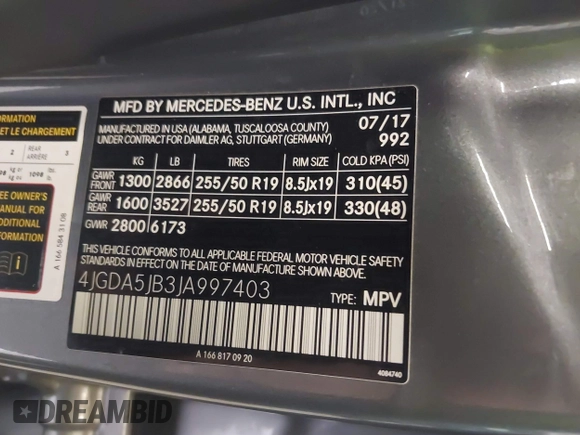 2018 Mercedes-Benz GLE 350 with VIN 4JGDA5JB3JA997403, listed as a IAAI auction lot 41776274 with 104,359 mi miles and . Bid and sale history available at DreamBid. Image 9.