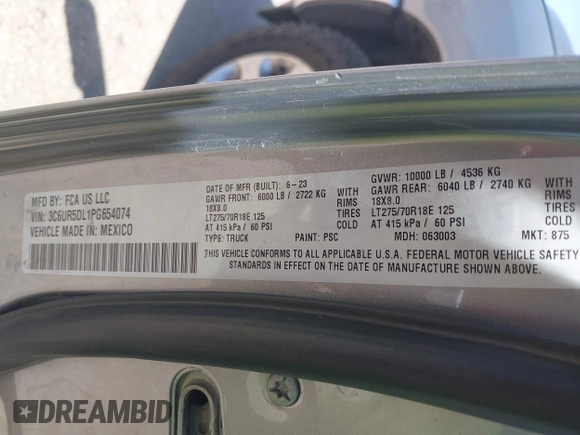 2023 Ram 2500 Big Horn z VIN 3C6UR5DL1PG654074, wystawiony jako IAAI lot #42255020 z przebiegiem 67 732 mil mil oraz . Historia ofert i sprzedaży dostępna na DreamBid. Obrazek 9.