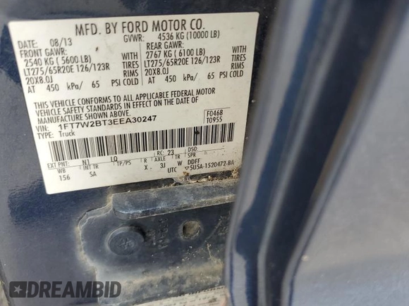 2014 Ford F-250 XL with VIN 1FT7W2BT3EEA30247, listed as a Copart auction lot 64308185 with Not provided miles and Clean title. Bid and sale history available at DreamBid. Image 13.