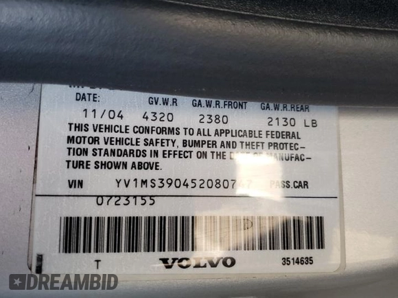 2005 Volvo S40 with VIN YV1MS390452080747, listed as a Copart auction lot 85923554 with 98,185 mi miles and Salvage Title. Bid and sale history available at carsss.com. Image 12.