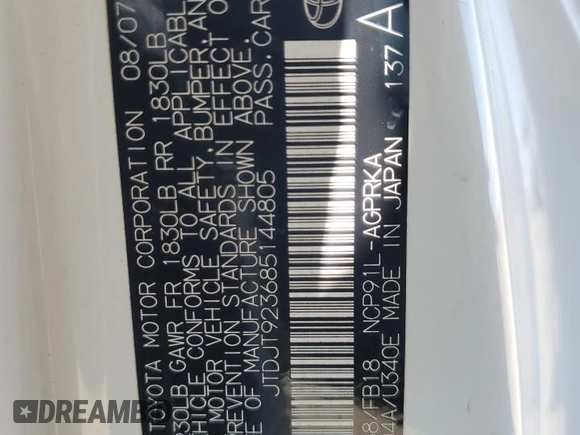 2008 Toyota Yaris with VIN JTDJT923685144805, listed as a Copart auction lot 52402325 with 140,336 mi miles and Salvage Title. Bid and sale history available at DreamBid. Image 12.
