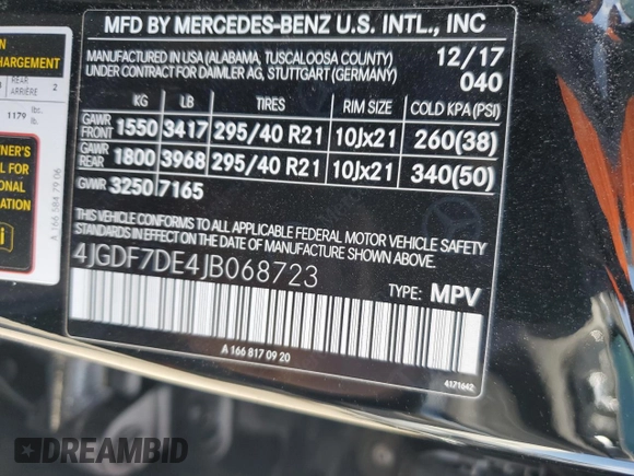 2018 Mercedes-Benz GLS with VIN 4JGDF7DE4JB068723, listed as a Copart auction lot 51189325 with 36,320 mi miles and Salvage Title. Bid and sale history available at carsss.com. Image 13.