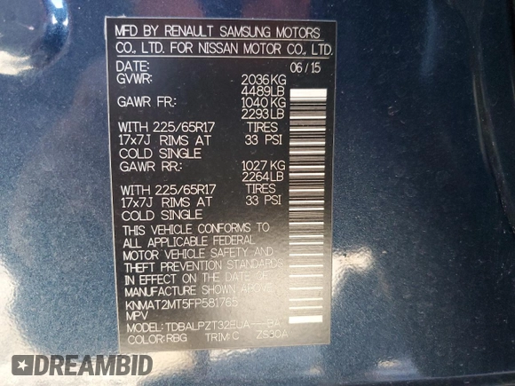 2015 Nissan Rogue SV with VIN KNMAT2MT5FP581765, listed as a Copart auction lot 84490954 with 112,949 mi miles and Salvage Title. Bid and sale history available at DreamBid. Image 13.