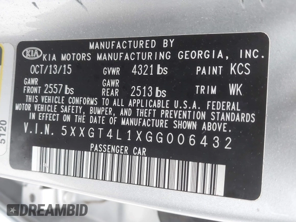 2016 Kia Optima LX Turbo with VIN 5XXGT4L1XGG006432, listed as a IAAI auction lot 41620038 with 137,210 mi miles. Bid and sale history available at carsss.com. Image 9.
