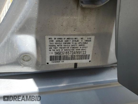 2002 Honda Accord EX z VIN 1HGCG16572A069123, wystawiony jako Copart lot #55861375 z przebiegiem 117 455 mil mil oraz Szkoda całkowita • Salvage title. Historia ofert i sprzedaży dostępna na DreamBid. Obrazek 12.