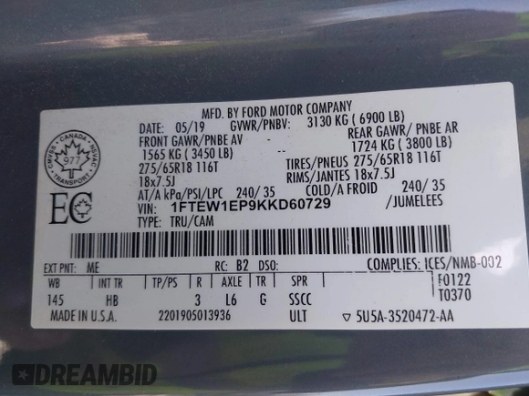 2019 Ford F-150 XL with VIN 1FTEW1EP9KKD60729, listed as a IAAI auction lot 41401427 with 186,277 mi miles. Bid and sale history available at carsss.com. Image 9.