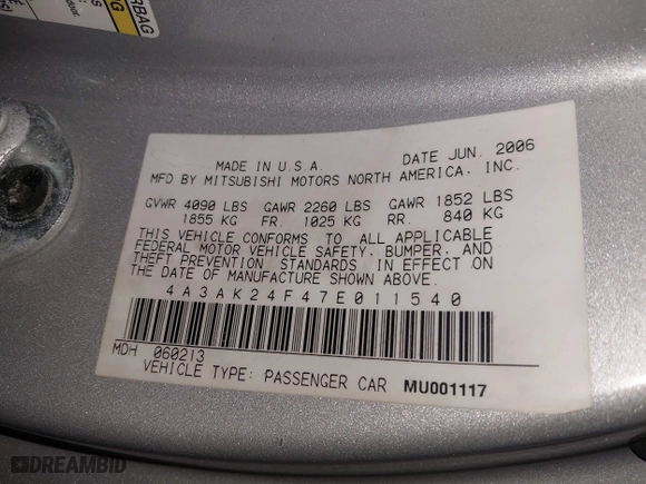 2007 Mitsubishi Eclipse GS with VIN 4A3AK24F47E011540, listed as a IAAI auction lot 42053739 with 174,083 mi miles. Bid and sale history available at carsss.com. Image 9.