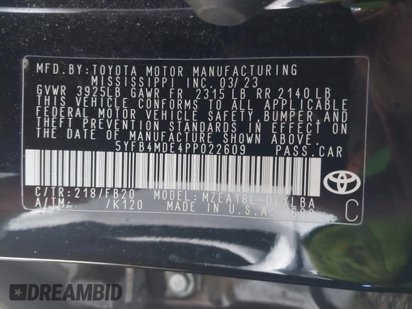 2023 Toyota Corolla LE z VIN 5YFB4MDE4PP022609, wystawiony jako IAAI lot #42355954 z przebiegiem 49 514 mil mil oraz . Historia ofert i sprzedaży dostępna na DreamBid. Obrazek 9.