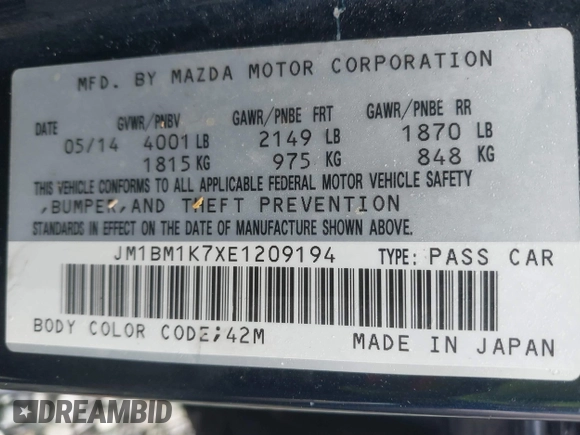 2014 Mazda 3 i Sport with VIN JM1BM1K7XE1209194, listed as a IAAI auction lot 41328803 with 154,243 mi miles and . Bid and sale history available at carsss.com. Image 9.