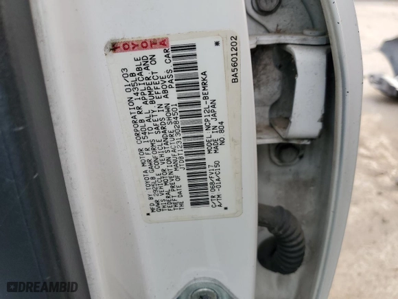 2003 Toyota ECHO with VIN JTDBT123130284501, listed as a Copart auction lot 43630525 with NaN miles and Salvage Title. Bid and sale history available at carsss.com. Image 15.