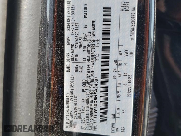 2022 Ford F-150 XL с VIN 1FTFW1ED8NFA24397, выставлен на аукционе Copart как лот 55810515 с пробегом 26 730 миль миль и Списание • Salvage title. История ставок и продаж доступна на DreamBid. Изображение 12.