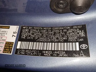2007 Toyota Prius with VIN JTDKB20U877089190, listed as a IAAI auction lot 42159704 with 140,327 mi miles and . Bid and sale history available at DreamBid. Image 9.