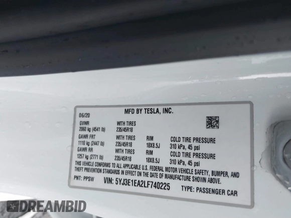2020 Tesla Model 3 Standard Range Plus with VIN 5YJ3E1EA2LF740225, listed as a IAAI auction lot 41781554 with 46,703 mi miles. Bid and sale history available at carsss.com. Image 9.