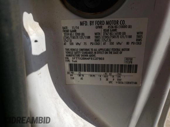 2015 Ford F-250 XLT with VIN 1FT7X2B64FEC27503, listed as a Copart auction lot 60558045 with 193,707 mi miles and Salvage title. Bid and sale history available at DreamBid. Image 12.