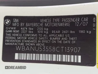 2008 BMW 5 Series 528i with VIN WBANU53558CT13907, listed as a IAAI auction lot 41793831 with Not Provided miles and . Bid and sale history available at carsss.com. Image 9.