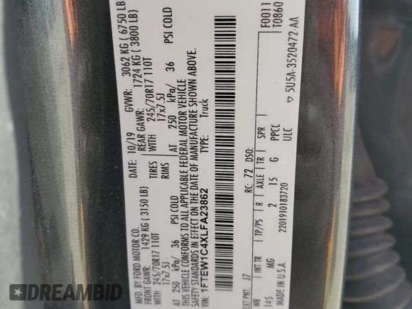 2020 Ford F-150 XL with VIN 1FTEW1C4XLFA23862, listed as a Copart auction lot 45156215 with 104,872 mi miles and Salvage Title. Bid and sale history available at carsss.com. Image 15.