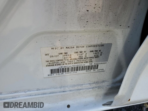 2008 Mazda 3 S GT with VIN JM1BK344781820535, listed as a Copart auction lot 51991305 with 146,153 mi miles and Salvage Title. Bid and sale history available at DreamBid. Image 13.