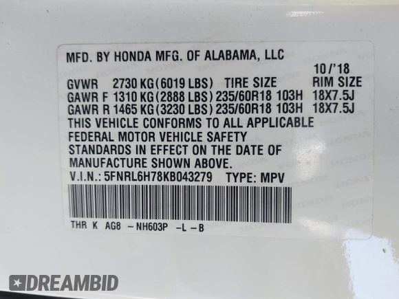 2019 Honda Odyssey EX-L with VIN 5FNRL6H78KB043279, listed as a IAAI auction lot 42041202 with 67,007 mi miles. Bid and sale history available at carsss.com. Image 9.